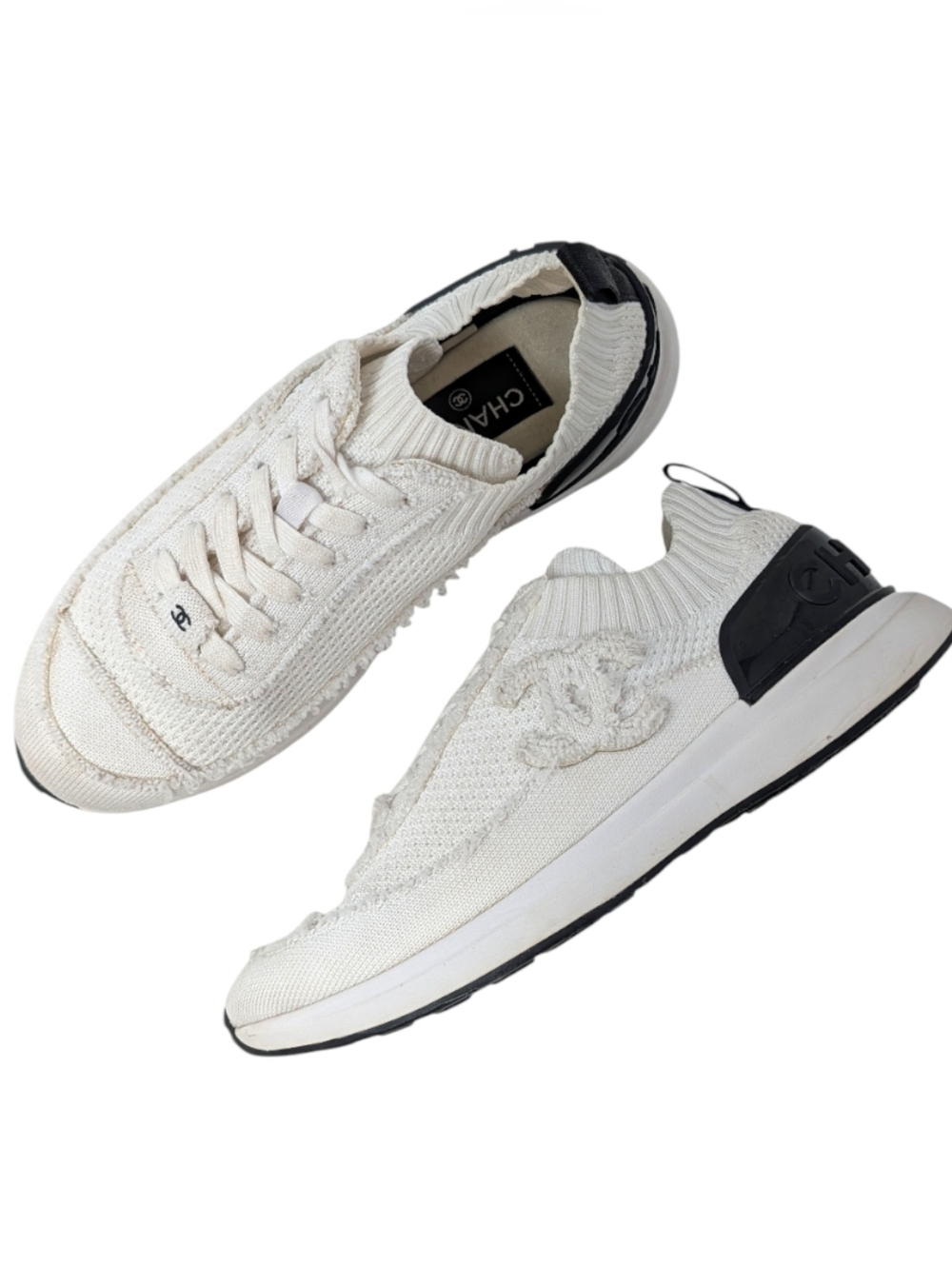 Chanel 2021 CC Logo Knit Sneakers Slip On White Black Athletic 39.5 | 9 | 8.5